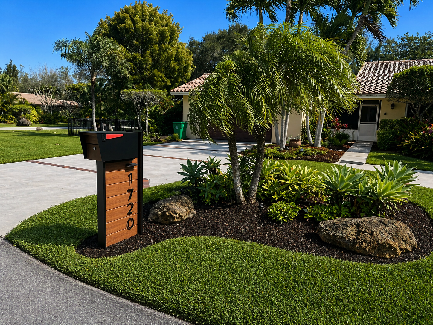 Black custom mailbox with warm wood-look panels and vertical address numbers beside a tropical, single-story home.