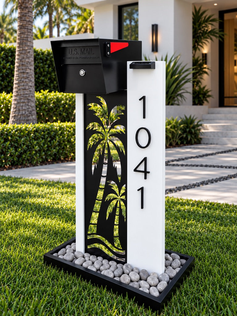 Solace Expressions — Palm Trees laser-cut panel; optional rock base shown
