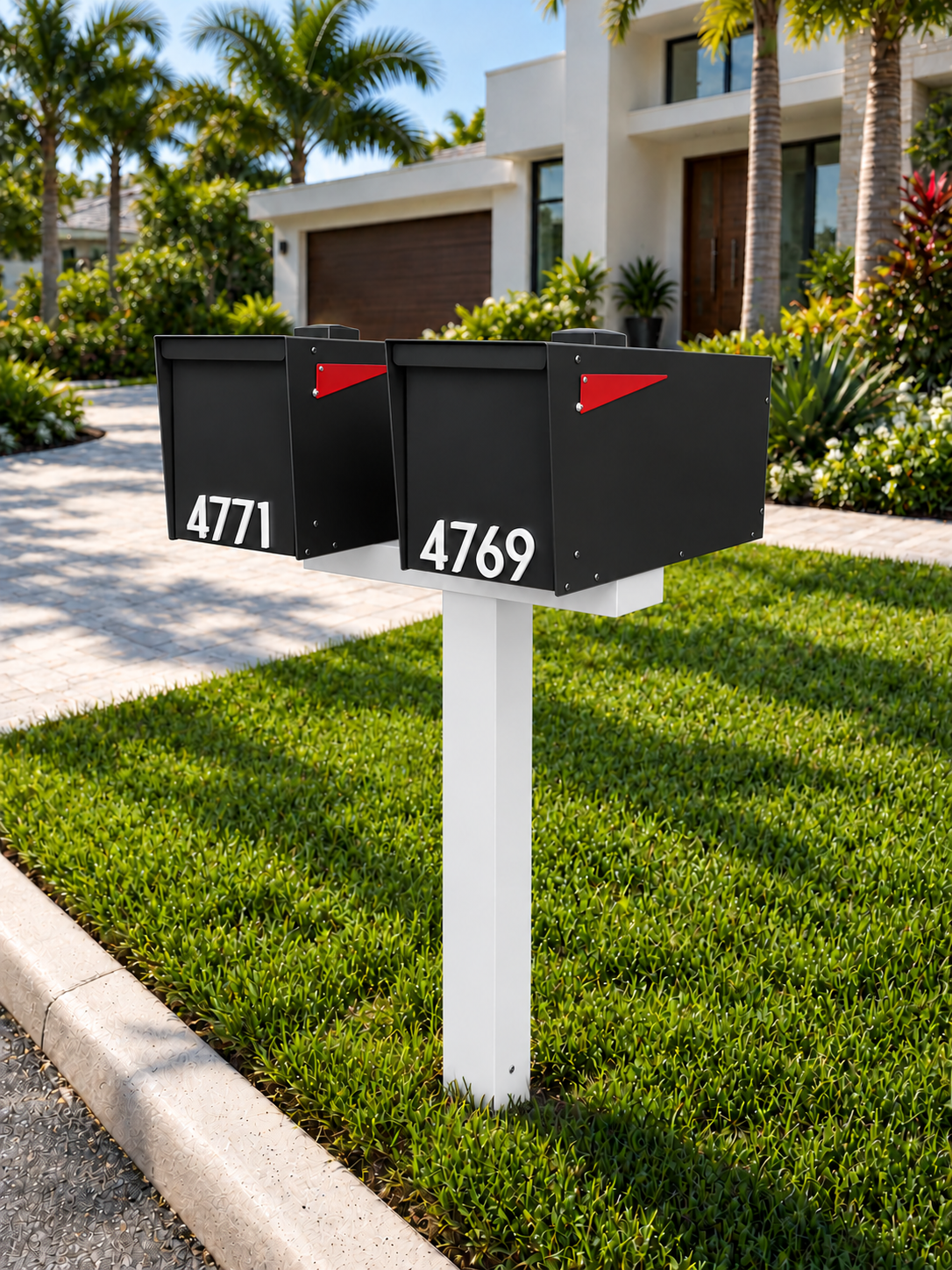 Solstice Duo black mailboxes with white post
