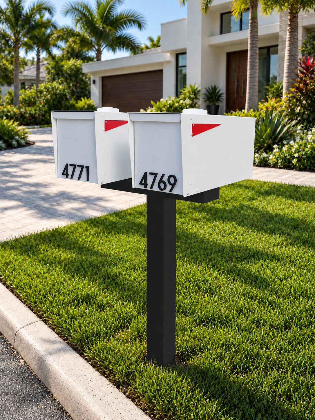 Solstice Duo white mailboxes with black post