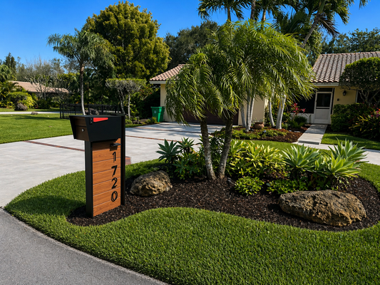 Black custom mailbox with warm wood-look panels and vertical address numbers beside a tropical, single-story home.