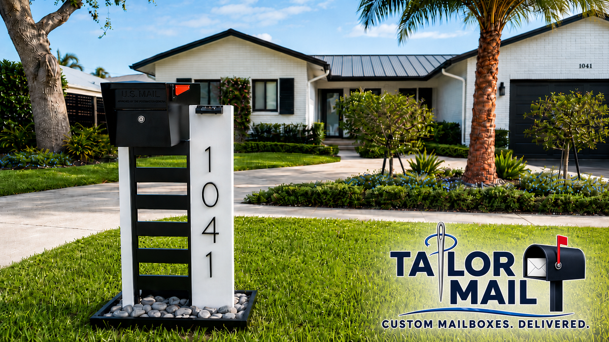 Modern luxury Tailor Mail mailbox installed in front of a contemporary Florida home