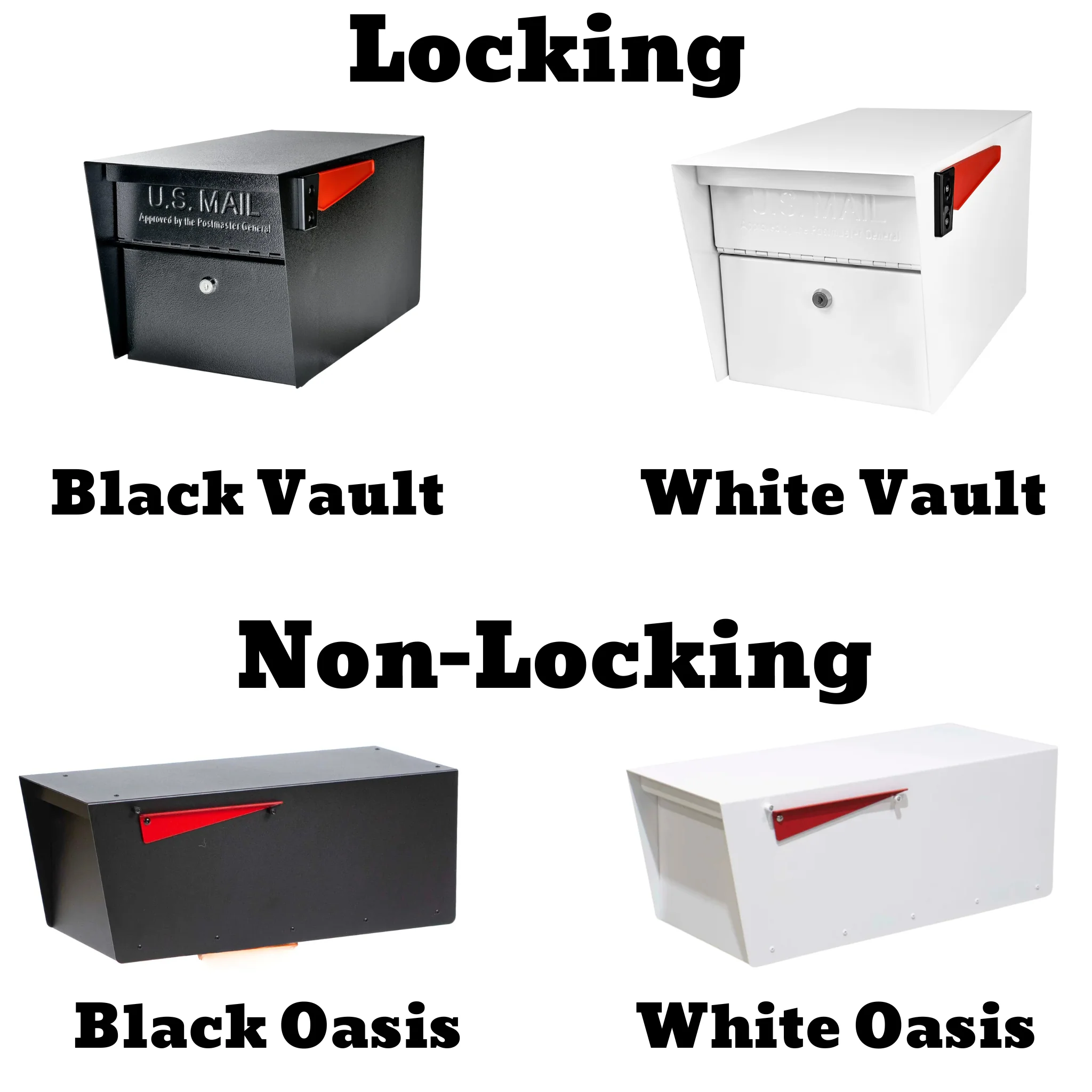 Locking and Non-Locking Mailbox Options - Black Vault, White Vault, Black Oasis, White Oasis
