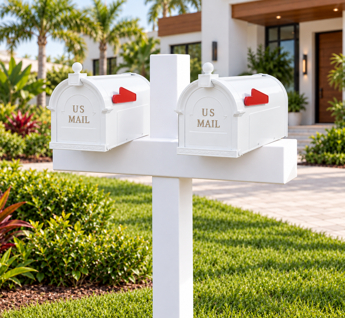 Crossline Duo Postal on flat-top aluminum double post — design visualization