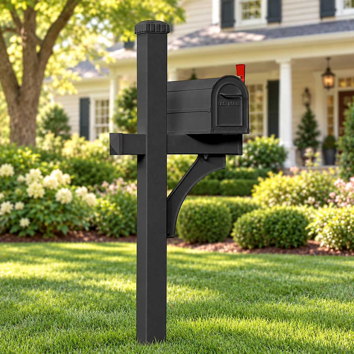 Black aluminum mailbox and decorative post in a traditional home setting — background visualization