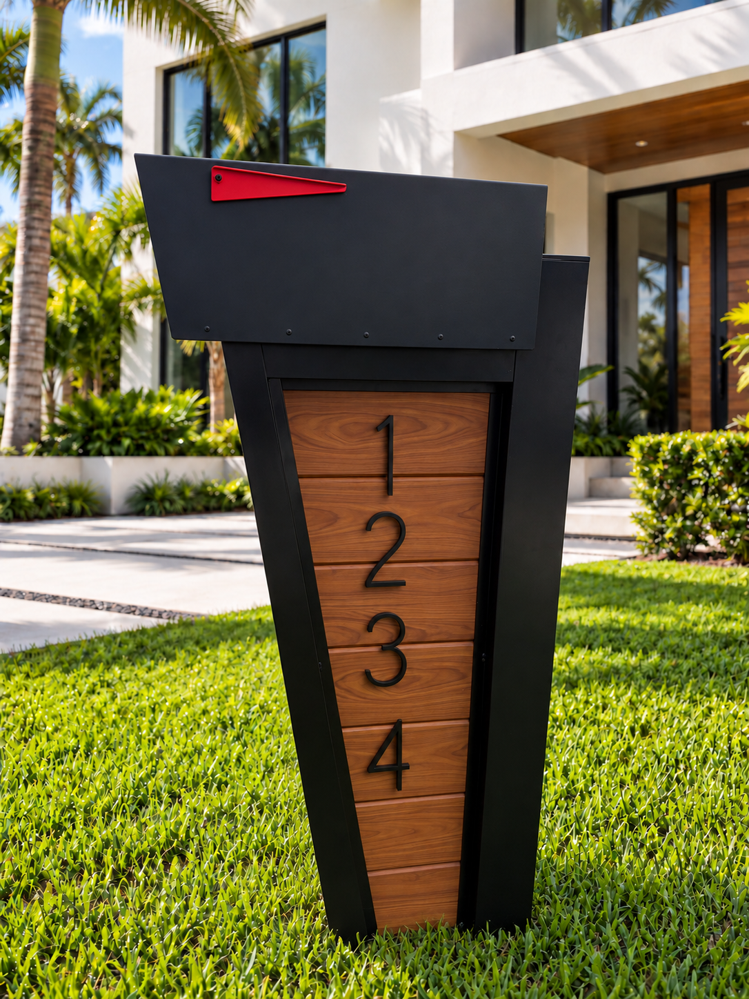 Incline modern aluminum mailbox – Wood-slat mailbox outside a modern Florida home-3