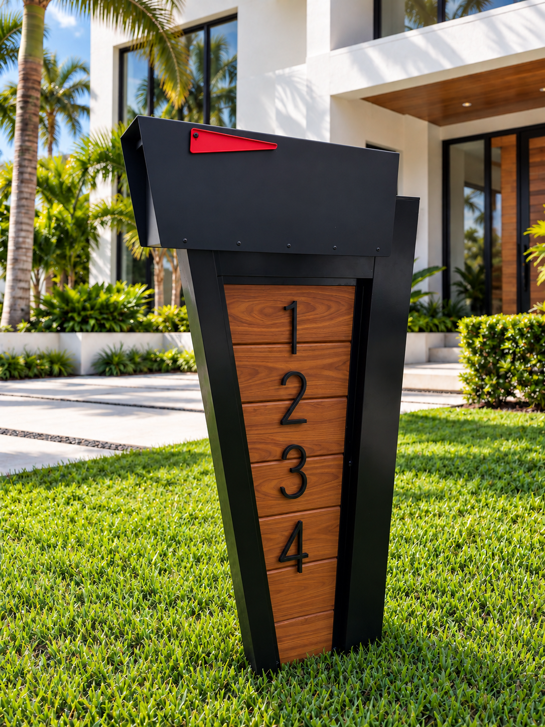 Incline modern aluminum mailbox – Modern wood-slat mailbox with red flag-2