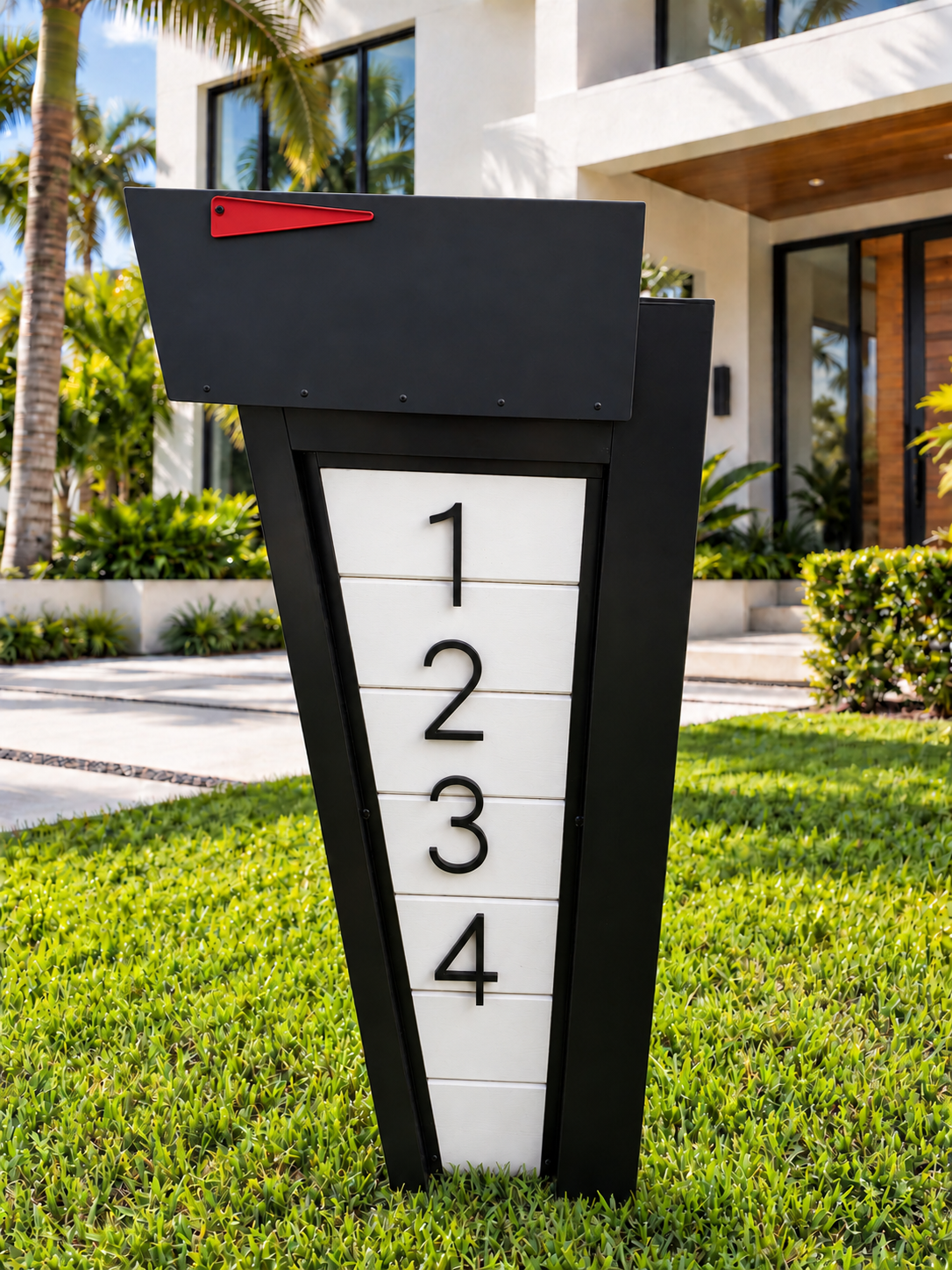 Incline modern aluminum mailbox – Crisp white slat mailbox with black trim(1)