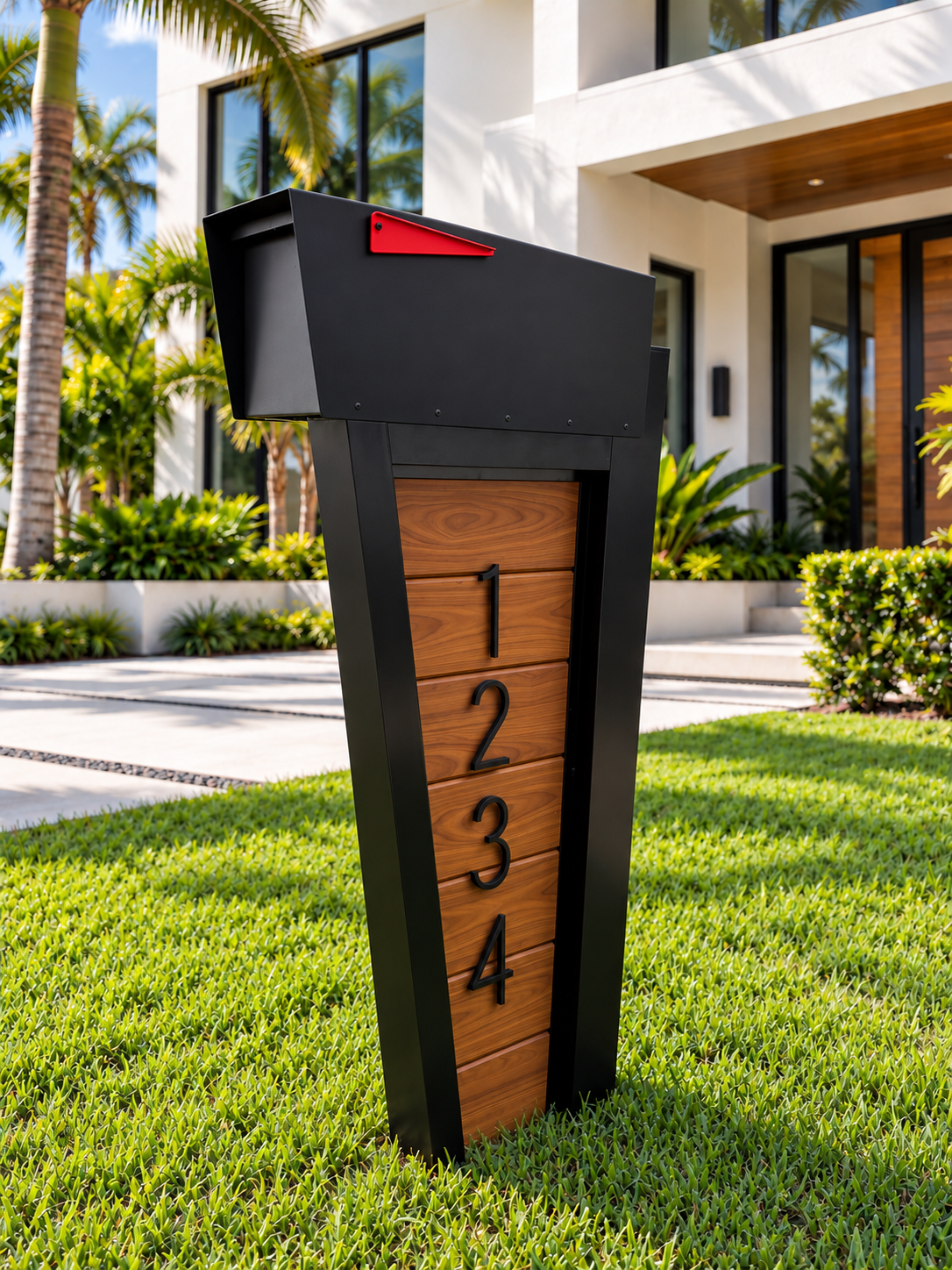 Incline modern aluminum mailbox – Wood-slat mailbox with red flag-1