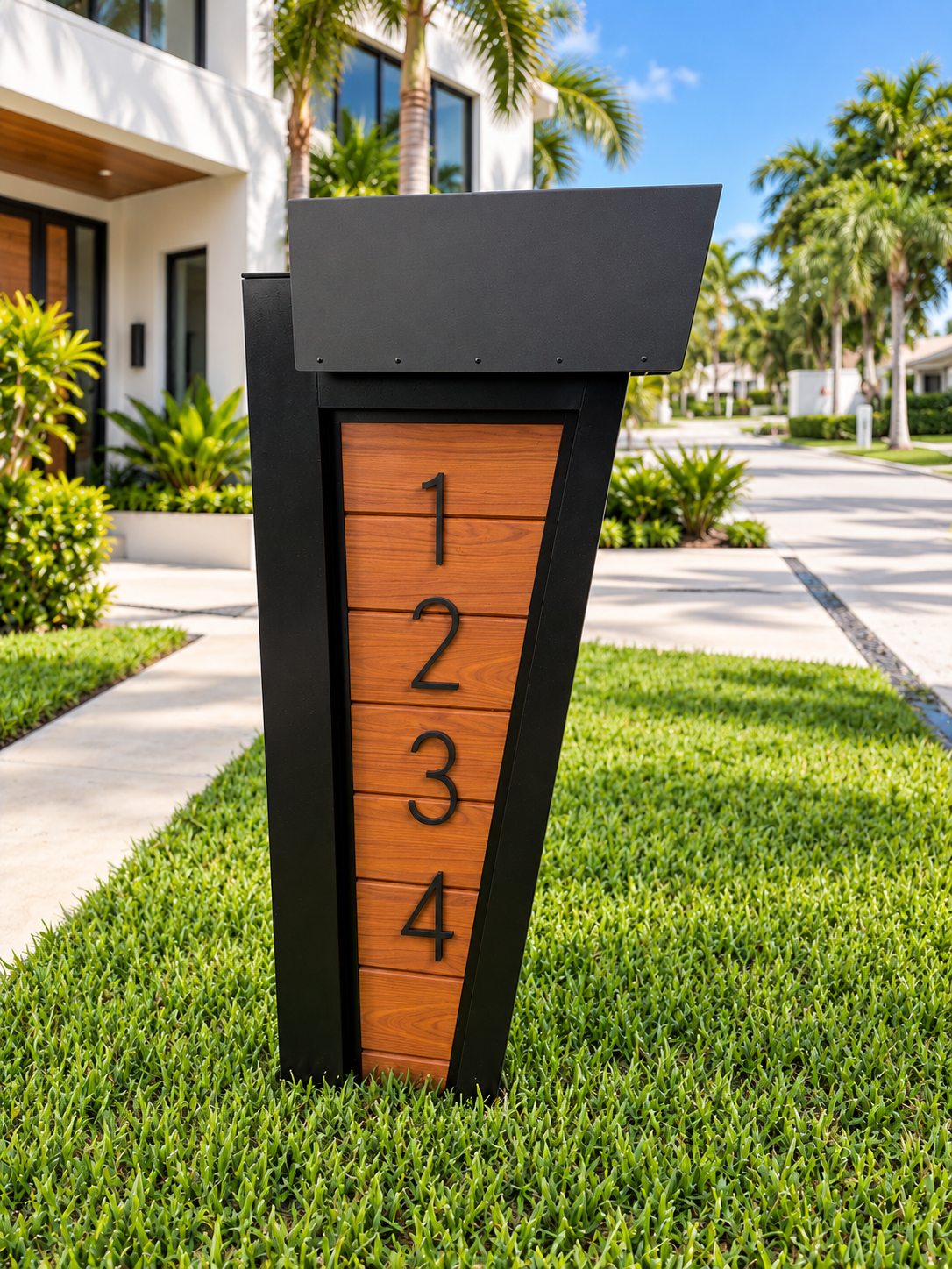 Incline modern aluminum mailbox – Black wood-panel mailbox in Florida sun-7