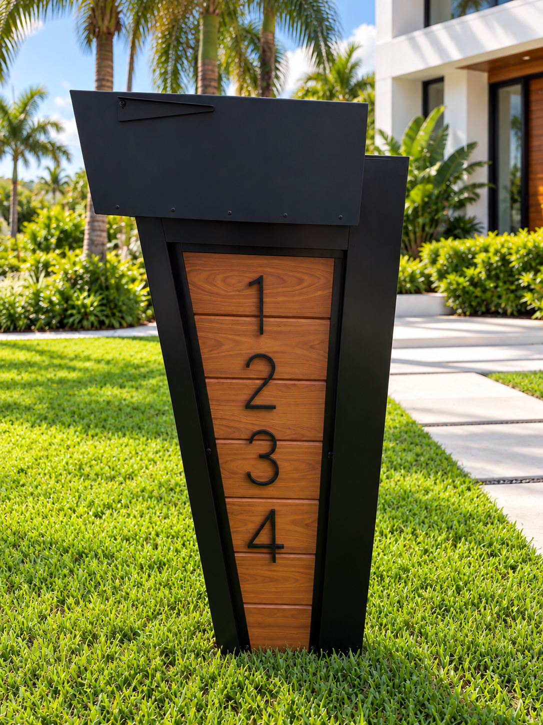 Incline modern mailbox with angled black frame and wood-look tongue-and-groove panels