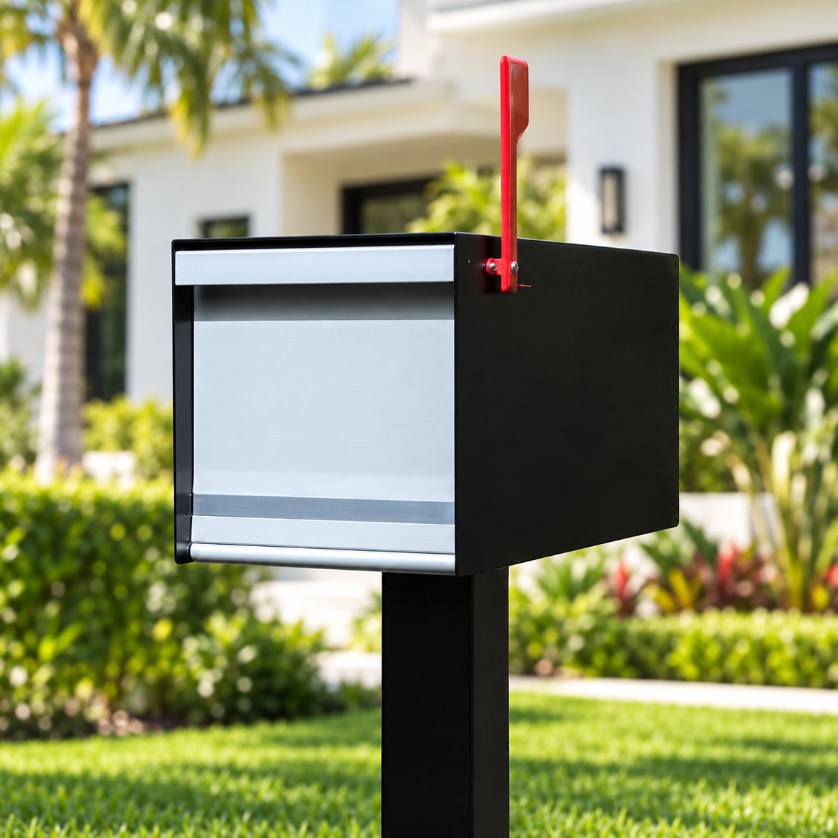 MailMax black and silver mailbox with digitally styled modern home background, view 1