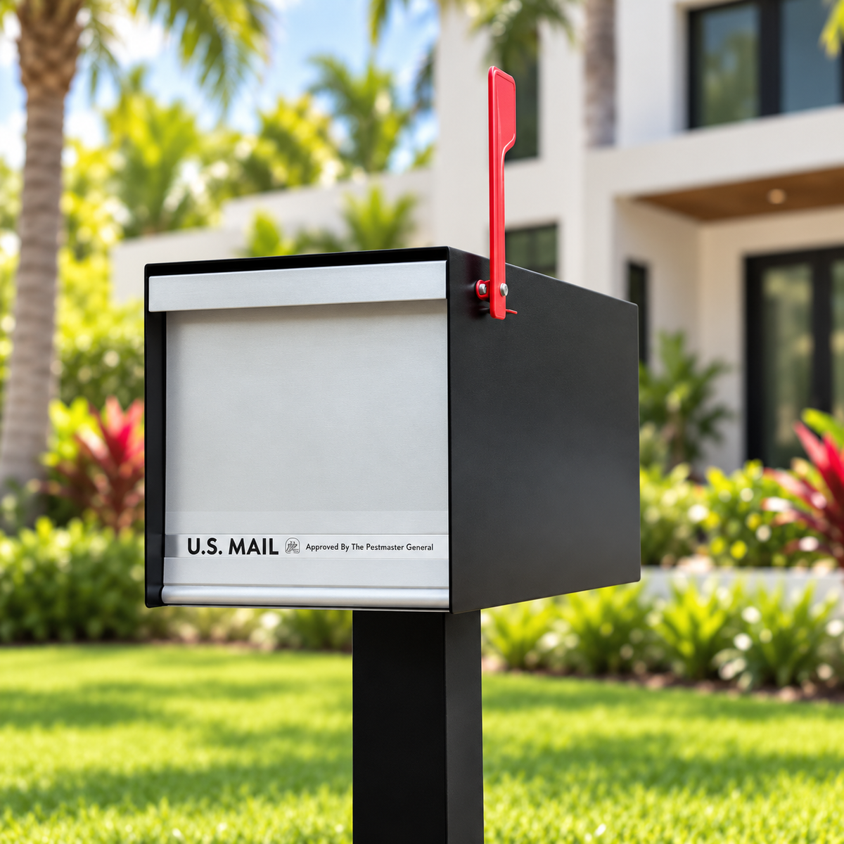 MailMax black and silver mailbox with digitally styled modern home background, view 2