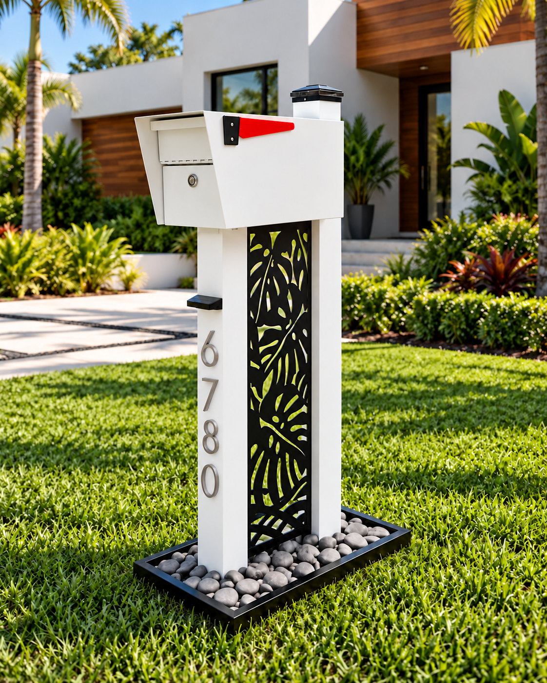 thumb silhouette with Monstera waterjet-cut panel; optional rock base shown