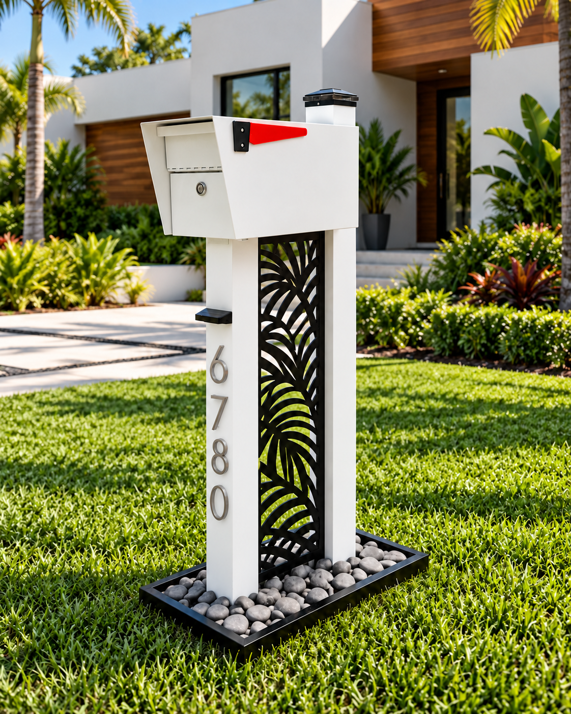 Thumb Silhouette with Palm Fronds waterjet-cut panel; optional rock base shown