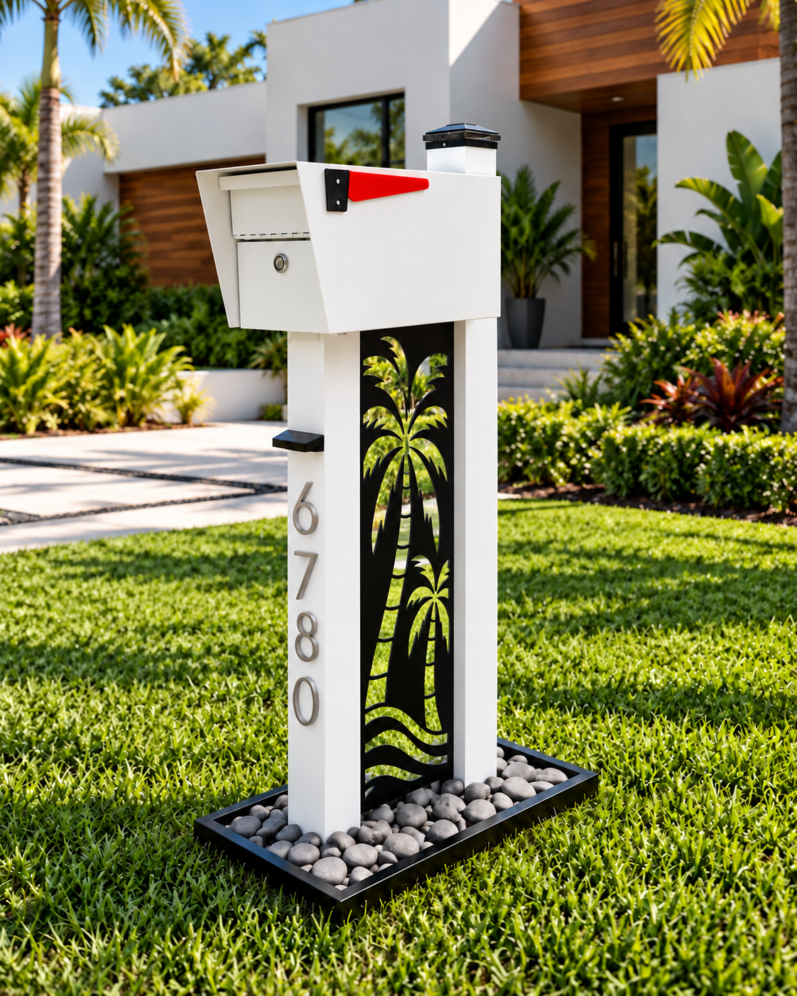 thumb silhouette with Palm Trees waterjet-cut panel; optional rock base shown