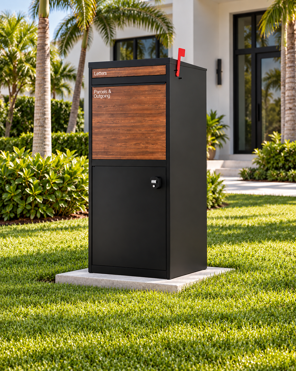 Black and wood parcel mailbox on a lawn outside a modern home
