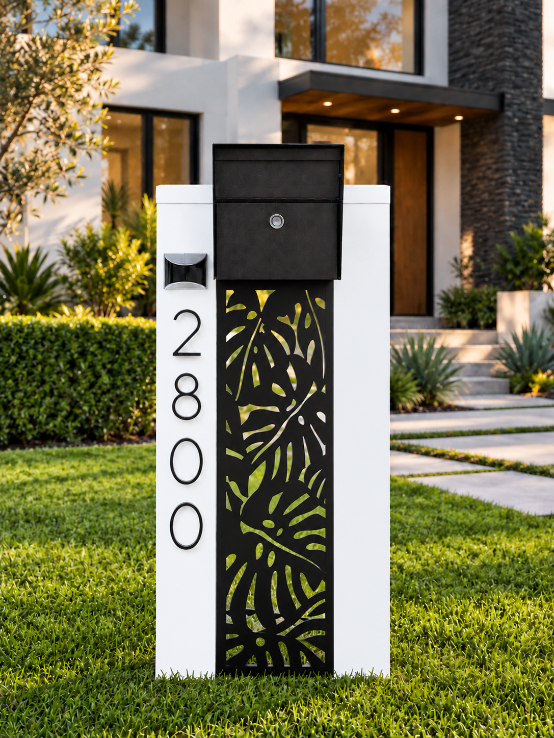 twin silhouette with Monstera waterjet-cut panel